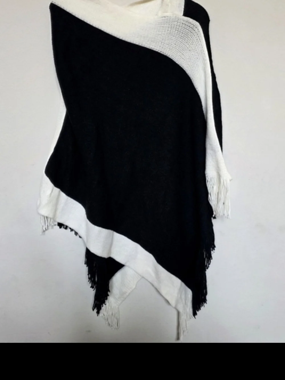 Black and White Fringe Poncho Sweater - Women OSFM